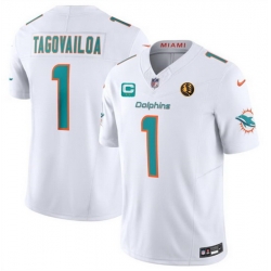 Men Miami Dolphins 1 Tua Tagovailoa White 2023 F U S E  With 2 Star C Patch And John Madden Patch Vapor Limited Stitched Football Jersey