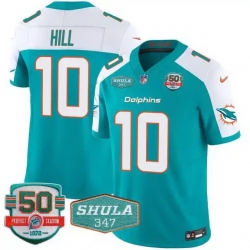 Men Miami Dolphins 10 Tyreek Hill Aqua F U S E With 347 Shula Patch And 50th Perfect Season Patch Vapor Limited Stitched Football Jersey