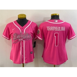 Women Miami Dolphins 1 Tua Tagovailoa Pink With Patch Cool Base Stitched Baseball Jersey