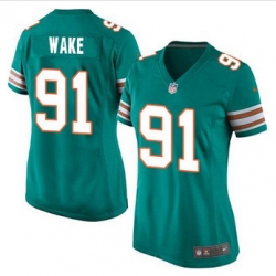 Women New Miami Dolphins #91 Cameron Wake Aqua Green Alternate Stitched NFL Elite Jersey