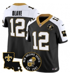 Men New Orleans Saints 12 Chris Olave Black F U S E  EST  1967 Patch Vapor Stitched Jersey