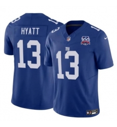 Men New York Giants 13 Jalin Hyatt Blue 2024 F U S E  100TH Season Patch Vapor Untouchable Limited Stitched Jersey