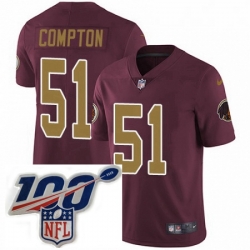 Mens Nike Washington Redskins 51 Will Compton Burgundy RedGold Number Alternate 80TH Anniversary Vapor Untouchable Limited Stitched 100th anniversary Neck 