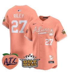 Men Atlanta Braves 27 Austin Riley Peach 2024 Atliens  26 Peach With Outkast Patch Vapor Limited Stitched Baseball Jersey