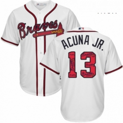 Mens Majestic Atlanta Braves 13 Ronald Acuna Jr Authentic White Team Logo Fashion Cool Base MLB Jersey 