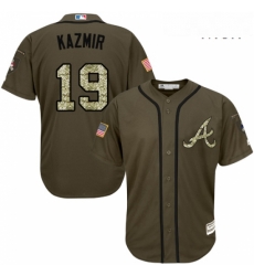 Mens Majestic Atlanta Braves 19 Scott Kazmir Replica Green Salute to Service MLB Jersey 