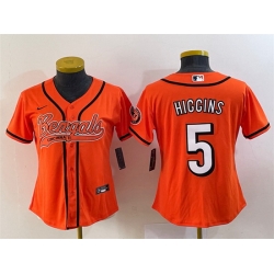 Women Cincinnati Bengals 5 Tee Higgins Orange With Patch Cool Base Stitched Baseball