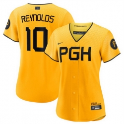 Women Pittsburgh Pirates 10 Bryan Reynolds Gold 2023 City Connect Stitched Jersey