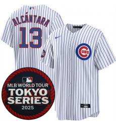 Men Chicago Cubs 13 Kevin Alc E1ntara White 2025 World Tour Tokyo Series Home Stitched Baseball Jersey