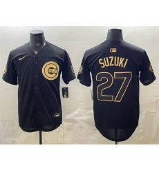 Men Chicago Cubs  27 Seiya Suzuki Black Gold 150th Anniversary Patch Stitched Baseball Jersey