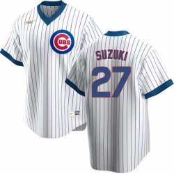 Mens Nike Chicago Cubs #27 Seiya Suzuki White Cooperstown Collection Road Stitched Baseball Jersey