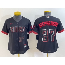 Women Cincinnati Reds 37 Tyler Stephenson Black 2023 City Connect With Patch Stitched Baseball Jersey