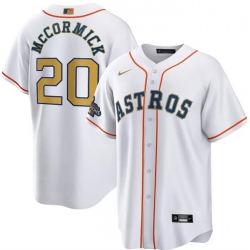 Men Houston Astros 20 Chas McCormick White 2023 Gold Collection With World Serise Champions Patch Cool Base Stitched Baseball Jersey