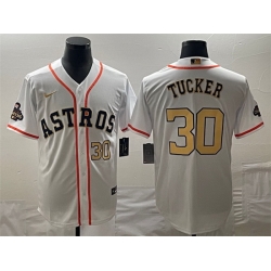 Men Houston Astros 30 Kyle Tucker White 2023 Gold Collection With World Serise Champions Patch Cool Base Stitched Baseball Jersey