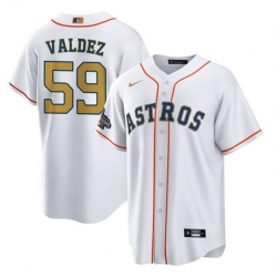 Men Houston Astros 59 Framber Valdez White Gold Cool Base Stitched Baseball Jersey