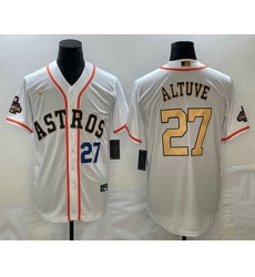 Mens Houston Astros #27 Jose Altuve Number 2023 White Gold World Serise Champions Patch Cool Base Stitched Jersey