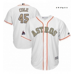 Mens Majestic Houston Astros 45 Gerrit Cole Replica White 2018 Gold Program Cool Base MLB Jersey 