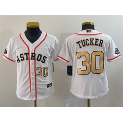Youth Houston Astros 30 Kyle Tucker White 2023 Gold Collection With World Serise Champions Patch Stitched Baseball Jersey