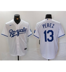 Men Kansas City Royals 13 Salvador Perez White Cool Base Stitched Jersey