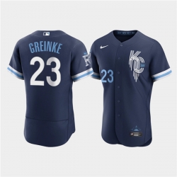 Men Kansas City Royals 23 Zack Greinke 2022 Navy City Connect Flex Base Stitched MLB jersey