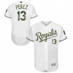 Mens Majestic Kansas City Royals 13 Salvador Perez Authentic White 2016 Memorial Day Fashion Flex Base Jersey