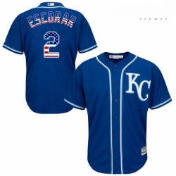 Mens Majestic Kansas City Royals 2 Alcides Escobar Authentic Royal Blue USA Flag Fashion MLB Jersey