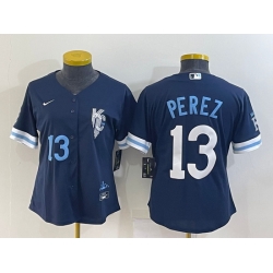 Women's Kansas City Royals #13 Salvador Perez Number 2022 Navy Blue City Connect Cool Base Stitched Jersey