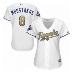 Womens Majestic Kansas City Royals 8 Mike Moustakas Authentic White 2015 World Series Champions Gold Program Cool Base MLB Jersey