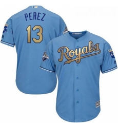 Youth Majestic Kansas City Royals 13 Salvador Perez Authentic Light Blue 2015 World Series Champions Gold Program Cool Base MLB Jersey