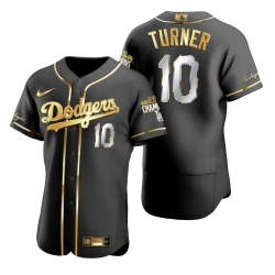 Men Los Angeles Dodgers 10 Justin Turner Black 2020 World Series Champions Gold Edition Jersey