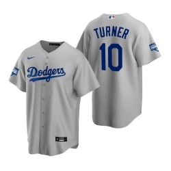 Men Los Angeles Dodgers 10 Justin Turner Gray 2020 World Series Champions Replica Jersey