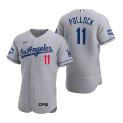 Men Los Angeles Dodgers 11 A J  Pollock Gray 2020 World Series Champions Road Flex Base Jersey