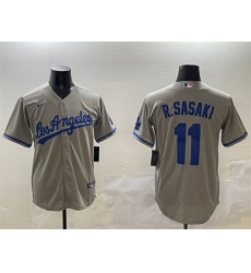 Men Los Angeles Dodgers 11 Roki Sasaki Grey Cool Base Stitched Baseball Jersey 1