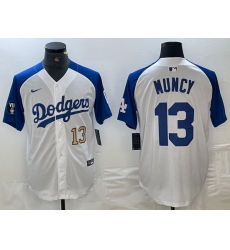 Men Los Angeles Dodgers 13 Max Muncy White Blue Vin Patch Cool Base Stitched Baseball Jersey 4