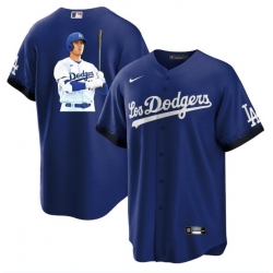 Men Los Angeles Dodgers 17 Shohei Ohtani Blue Big Logo City Connect Cool Base Stitched Jersey 5