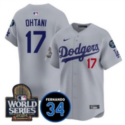 Men Los Angeles Dodgers 17 Shohei Ohtani Grey 2024 World Series With Fernando Memorial Patch Limited Stitched Baseball Jersey