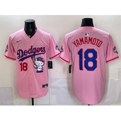 Men Los Angeles Dodgers  18 Yoshinobu Yamamoto Pink Hello Kitty Night 2025 World Series Champions Patch Stitched Baseball Jersey