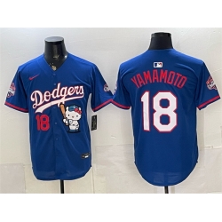 Men Los Angeles Dodgers  18 Yoshinobu Yamamoto Royal Hello Kitty Night 2025 World Series Champions Patch Stitched Baseball Jersey