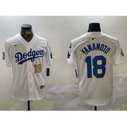 Men Los Angeles Dodgers 18 Yoshinobu Yamamoto White 2024 World Series With Fernando Memorial Patch Home Limited Stitched Baseball Jersey 2