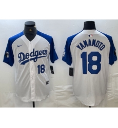 Men Los Angeles Dodgers 18 Yoshinobu Yamamoto White Blue Vin Patch Cool Base Stitched Baseball Jersey 7