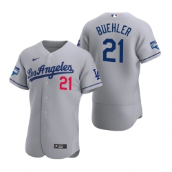 Men Los Angeles Dodgers 21 Walker Buehler Gray 2020 World Series Champions Road Flex Base Jersey