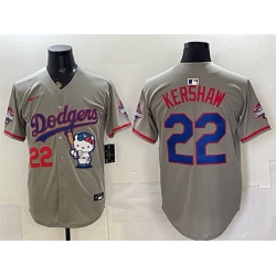 Men Los Angeles Dodgers  22 Clayton Kershaw Grey Hello Kitty Night 2025 World Series Champions Patch Stitched Baseball Jersey