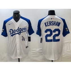 Men Los Angeles Dodgers 22 Clayton Kershaw White Blue Vin Patch Cool Base Stitched Baseball Jersey 1