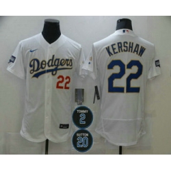 Men Los Angeles Dodgers 22 Clayton Kershaw White Gold 2 20 Patch Stitched MLB Flex Base Nike Jersey