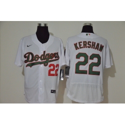 Men Los Angeles Dodgers 22 Clayton Kershaw White With Green Name Stitched MLB Flex Base Nike Jersey