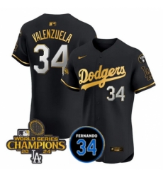 Men Los Angeles Dodgers 34 Fernando Valenzuela Black Gold 2024 World Series Champions With 34 Patch Vapor Limited Stitched Baseball Jersey