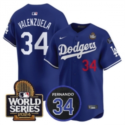 Men Los Angeles Dodgers 34 Toro Valenzuela Royal 2024 World Series With Fernando Memorial Patch Limited Stitched Baseball Jersey