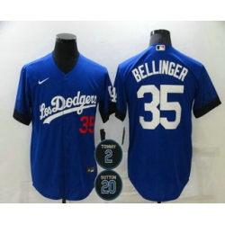 Men Los Angeles Dodgers 35 Cody Bellinger Blue 2 20 Patch City Connect Number Cool Base Stitched Jersey