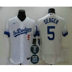 Men Los Angeles Dodgers 5 Corey Seager White 2 20 Patch City Connect Flex Base Stitched Jersey