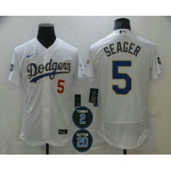 Men Los Angeles Dodgers 5 Corey Seager White 2 20 Patch Flex Base Sttiched MLB Jersey